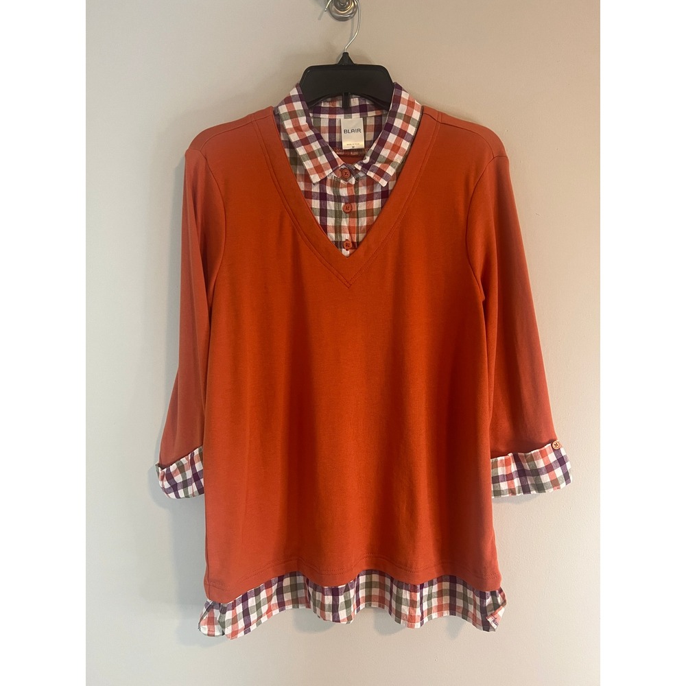 Blair Womens Orange Layered Look Plaid Trim V-Neck Top Medium BL7980276